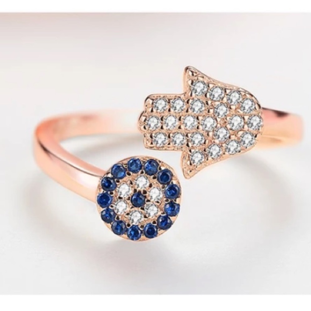NEW Rose Gold 925 Adjustable Hamsa Evil Eye Ring